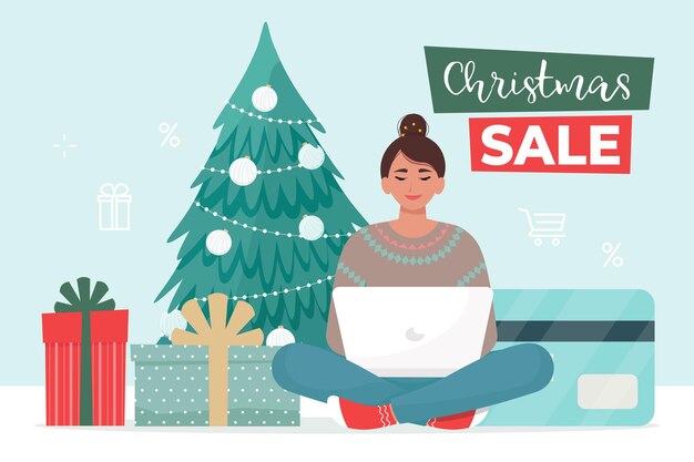 Mujer compra productos en la tienda en línea desde casa Banner de venta de Navidad de año nuevo ilustración vectorial