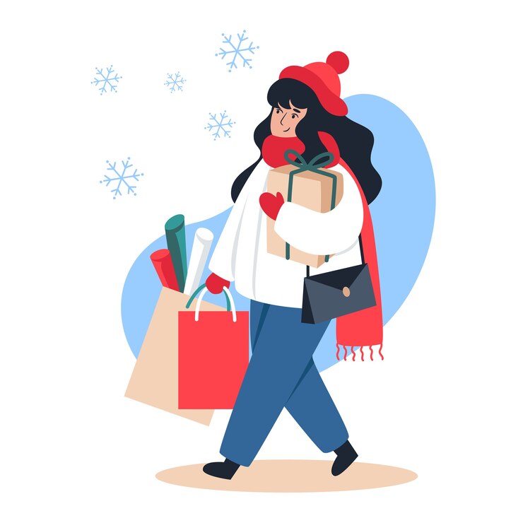 Vector mujer compra regalos y adornos para navidad y año nuevo