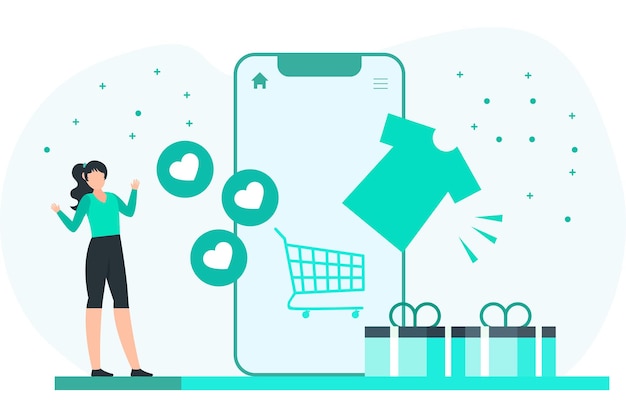 Mujer comprando y amando el producto favorito de la tienda en línea