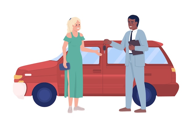 Mujer comprando coche familiar 2D vector ilustración aislada