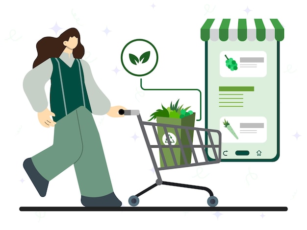 Mujer comprando comestibles en línea con un enfoque en la sostenibilidad