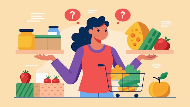 Vector una mujer comprando comestibles teniendo que tomar decisiones difíciles sobre qué artículos puede permitirse como comida