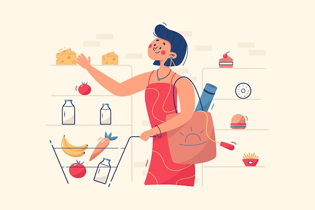 Mujer comprando comida en la ilustración de la tienda