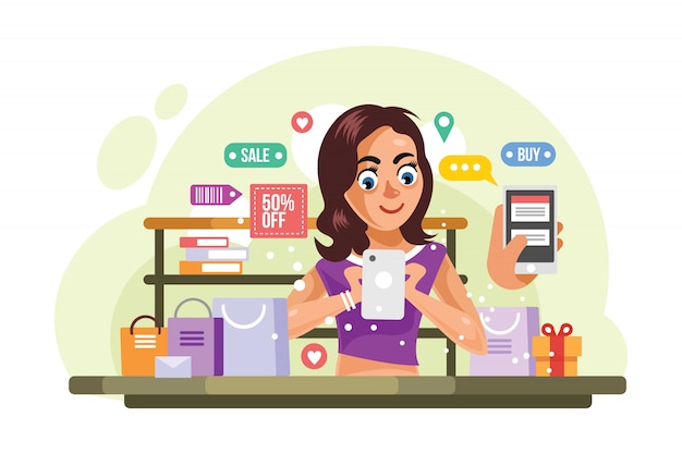 Mujer comprando cosas en la tienda en línea ilustración vectorial