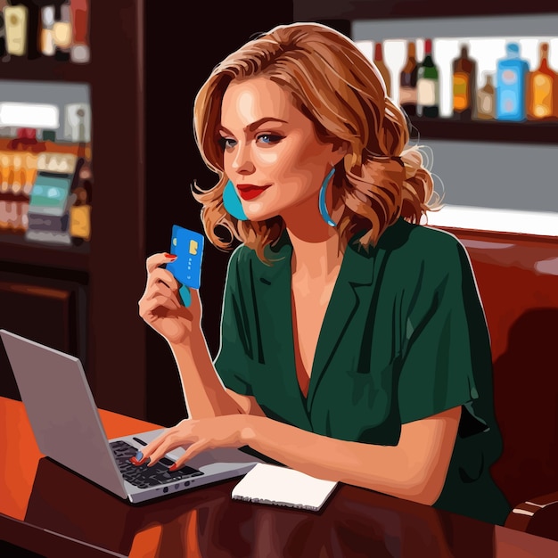 Mujer comprando en línea con tarjeta de crédito y portátil Ilustración de clipart vectorial
