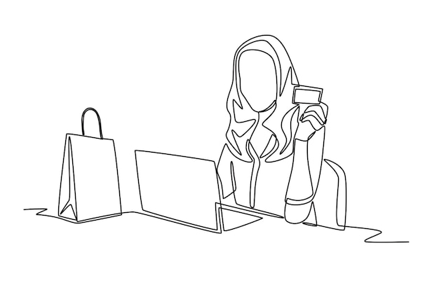Mujer comprando en línea a través de un teléfono inteligente Concepto de compras en línea dibujo en línea