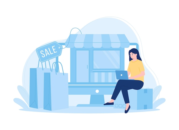 una mujer comprando en línea usando una computadora portátil tendencia concepto ilustración plana