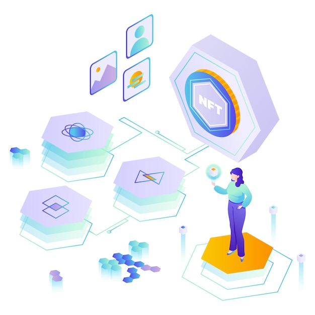 Mujer comprando nft art no fungible token vector ilustración isométrica digital crypto art blockchain ...