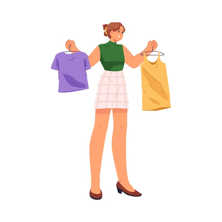 Vector mujer comprando ropa eligiendo una camiseta