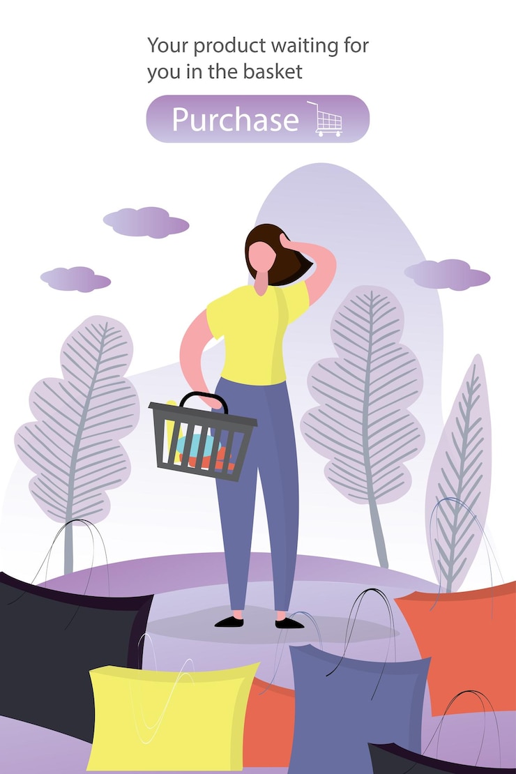 Vector mujer de compras con carrito de compras banner o plantilla de página web ilustración vectorial