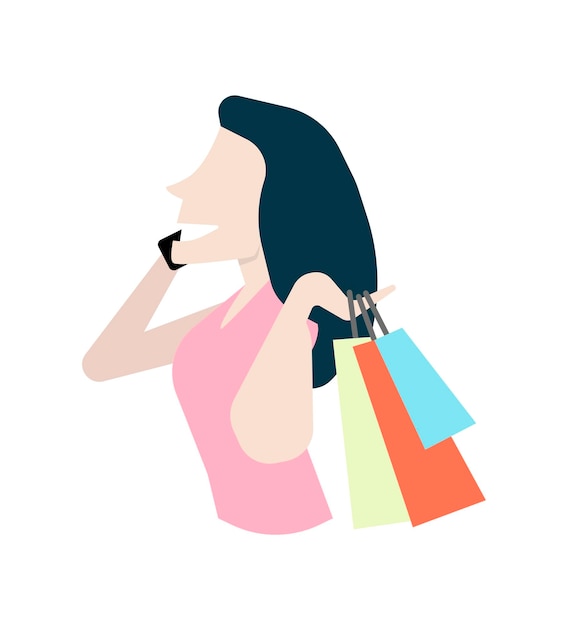 Mujer durante las compras. Chica con paquetes y hablando por celular. Ilustración de estilo plano.