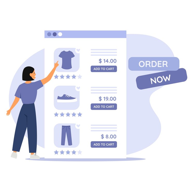Vector mujer compras en línea ventana de sitio web con ropa y precios comprar en línea concepto vector moderno