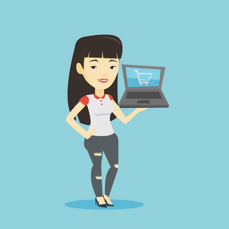Vector mujer de compras en línea.