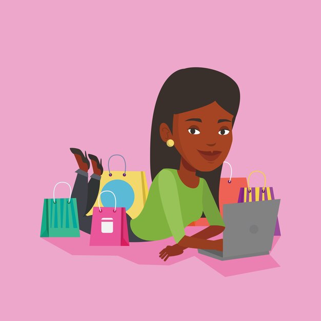 Vector mujer de compras en línea.