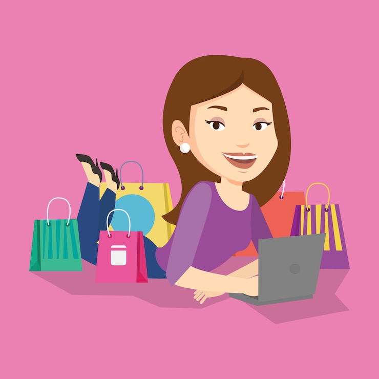 Vector mujer de compras en línea.