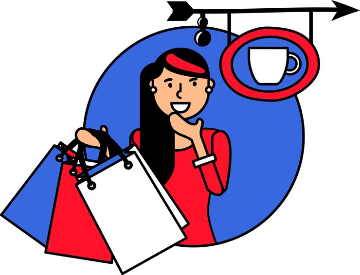Vector mujer de compras que lleva varias bolsas pensando en ir a un café al aire libre ilustración de dibujos animados vectorial