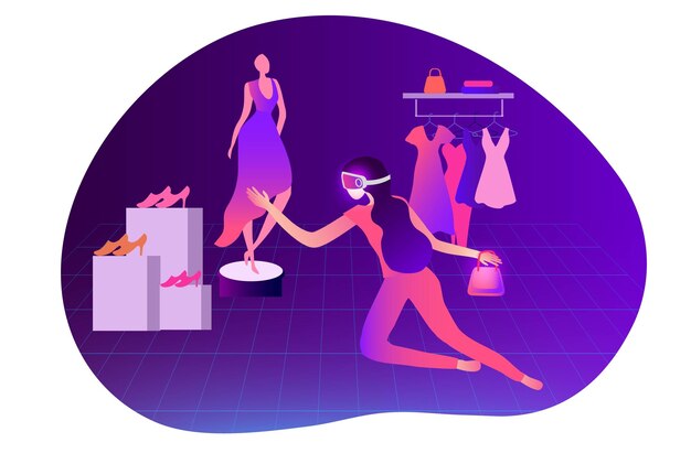 Mujer de compras de realidad virtual Metaverse con gafas VR que tiene experiencia 3d en compras