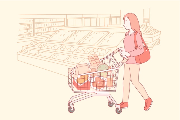 Mujer de compras en el supermercado con carro de mercado en estilo de línea