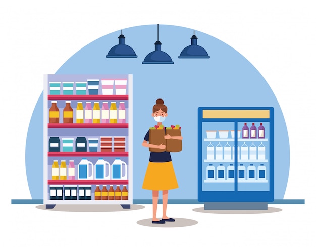 Mujer de compras en el supermercado con mascarilla