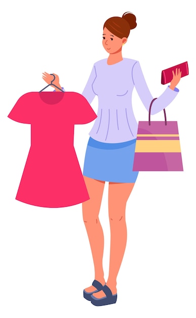 Mujer de compras con vestido rojo compra de ropa cliente feliz