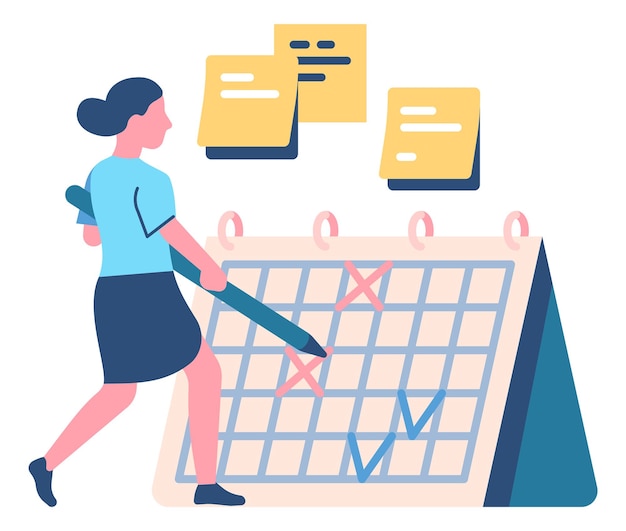 Vector mujer comprobando las tareas completadas en el calendario con lápiz grande