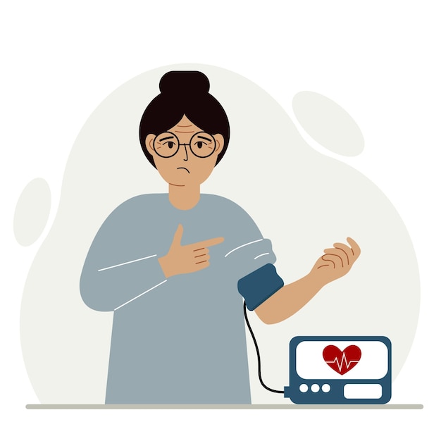La mujer comprueba el concepto de salud de la presión arterial medición de la presión arterial tonómetro digital monitoreo de la salud