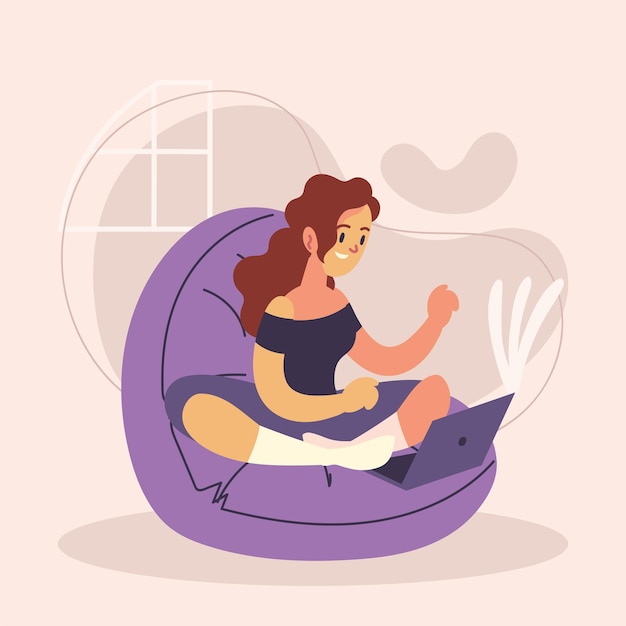 Mujer, con, computador portatil, sentado