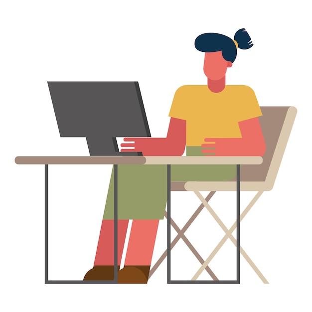 Vector mujer con computadora en escritorio trabajando desde el hogar diseño de ilustración de vector de tema de teletrabajo