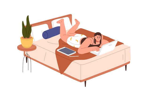 Mujer con computadora portátil en la cama Niña en el dormitorio durante el trabajo independiente remoto Mujer independiente relajándose con un cuaderno en casa Ilustración vectorial plana aislada sobre fondo blanco