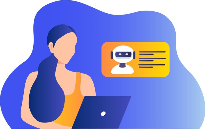 Vector una mujer con una computadora portátil y un icono de robot en la cara.