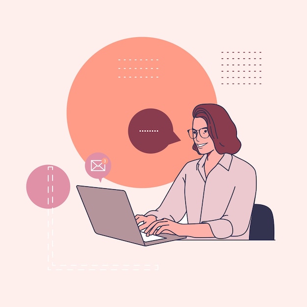 Mujer con computadora portátil Ilustración del concepto de teletrabajo