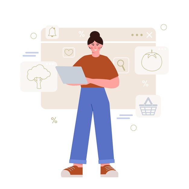 Mujer con computadora portátil ordenando verduras en una tienda en línea Comprando nuevos productos a través de Internet