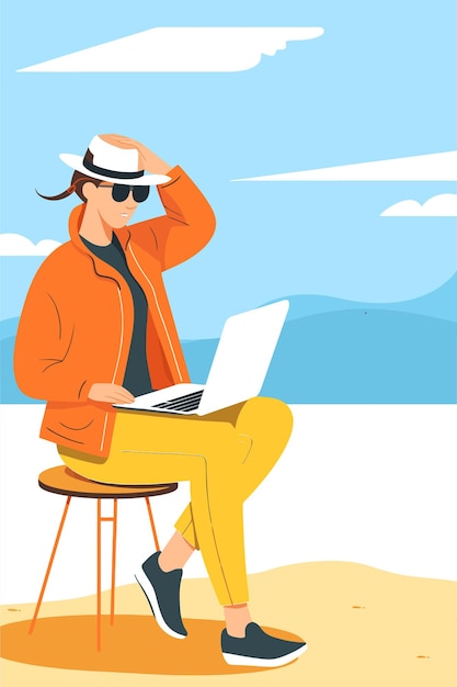 mujer con computadora portátil en la playa Ilustración vectorial en estilo plano