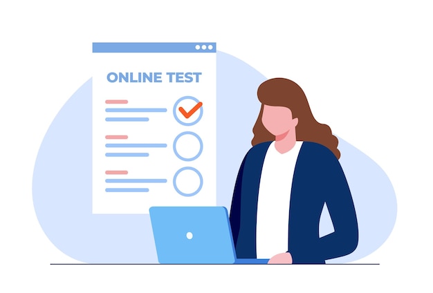 Mujer con una computadora portátil que pasa la prueba en línea y verifica las respuestas. Ilustración vectorial plana
