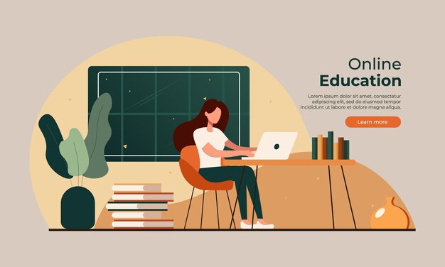 Mujer con computadora portátil sentada en casa y trabajando Diseño para página web Ilustración conceptual para trabajar como freelance estudiando educación trabajo desde casa Ilustración vectorial EPS 10