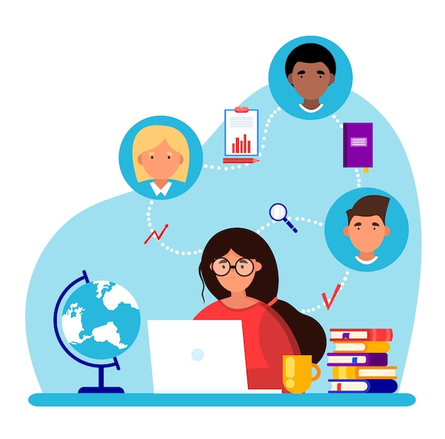 Una mujer con una computadora portátil se sienta en una mesa. Conferencia online. Concepto de trabajo remoto. Reunión de trabajo. Concepto de educación. Comunicación con compañeros