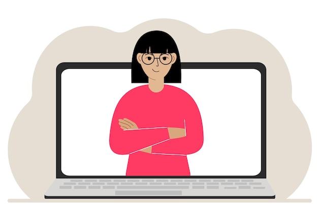 La mujer se comunica a través de videoconferencia a través de la pantalla del portátil El concepto de reuniones en línea seminarios web trabajo remoto o trabajo desde casa Ilustración vectorial plana