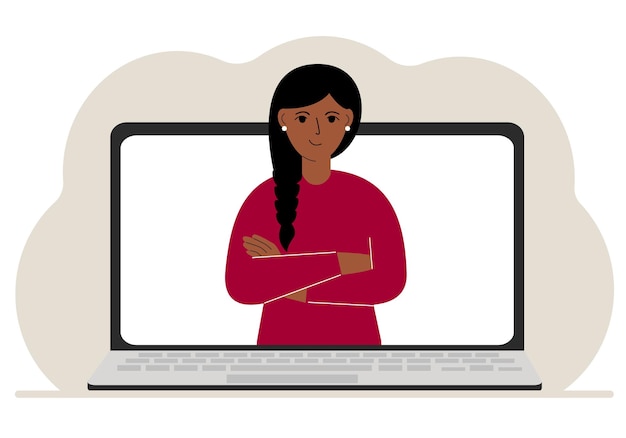 La mujer se comunica a través de videoconferencia a través de la pantalla del portátil El concepto de reuniones en línea seminarios web trabajo remoto o trabajo desde casa Ilustración vectorial plana
