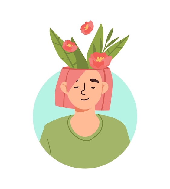 Mujer con concepto de atención plena positividad y optimismo psicología y salud mental niña con flores rosadas en la cabeza ilustración de vector plano de dibujos animados aislado sobre fondo blanco