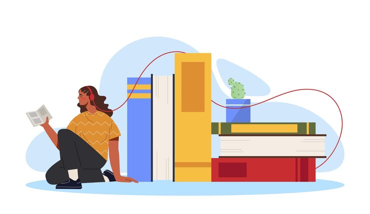 Vector mujer con concepto de audiolibros niña con libros de texto y educación de ficción, aprendizaje y capacitación
