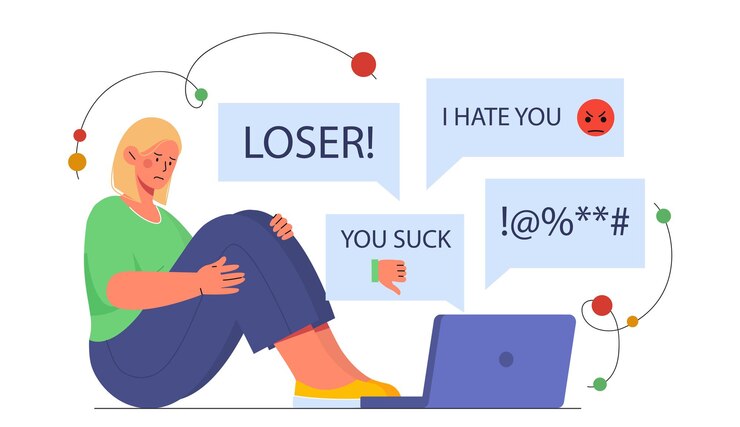 Vector mujer con concepto de ciberbullying niña sentada y llorando cerca de la frustración de la computadora portátil y