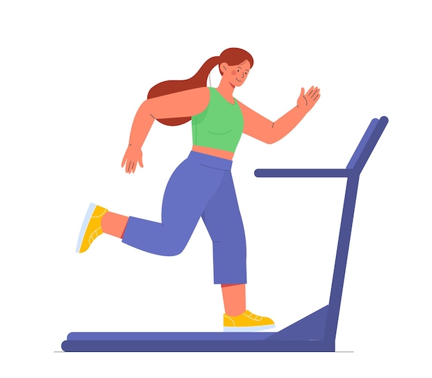 Mujer en el concepto de cinta de correr Chica joven con estilo de vida saludable y activo Fitness y entrenamiento de entrenamiento Cartel o banner para sitio web Ilustración de vector plano de dibujos animados aislado sobre fondo blanco