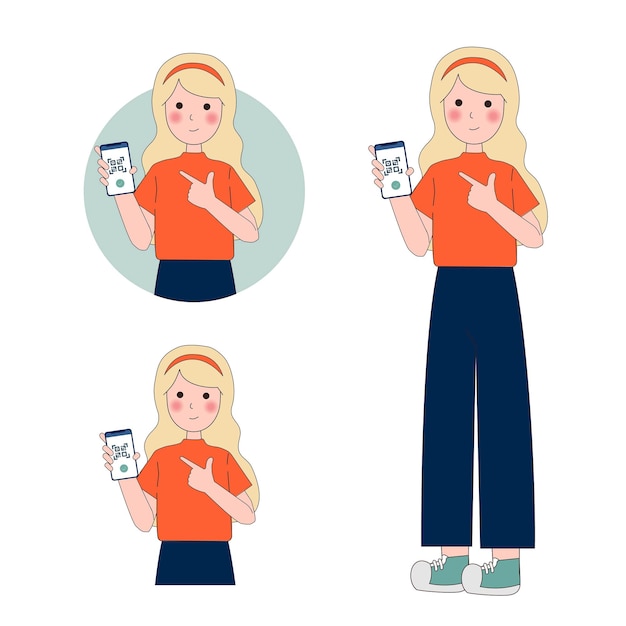 Mujer con concepto de código QR Mujer con teléfono inteligente lee código de barras Tecnologías e innovaciones modernas Comercio electrónico compras en línea y enlace acortado Ilustración vectorial plana de dibujos animados
