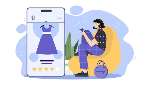 Mujer con concepto de compras en línea Niña con teléfono inteligente comprando vestido Comercio electrónico y publicidad de marketing Personaje con entrega a domicilio Dibujos animados ilustración vectorial plana