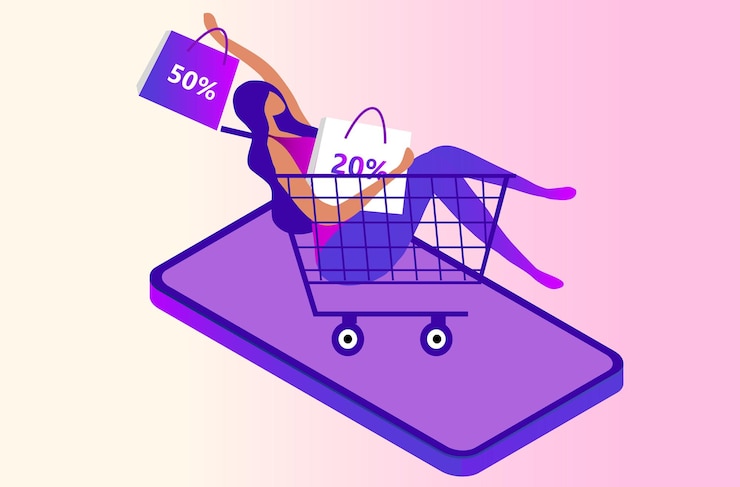 Vector mujer de concepto de compras en línea usando la ilustración de vector de compras de pedidos móviles