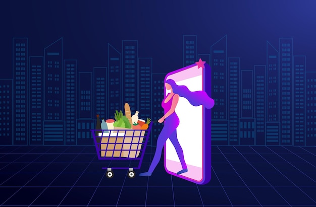 Mujer de concepto de compras en línea usando la ilustración de vector de compras de pedidos móviles