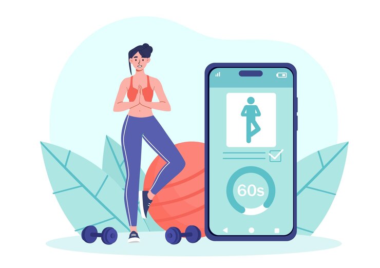 Vector mujer con concepto deportivo en línea chica joven haciendo yoga y estiramiento entrenador de fitness a distancia entrenamiento en casa deportista con fitball y pesas ilustración de vector plano de dibujos animados