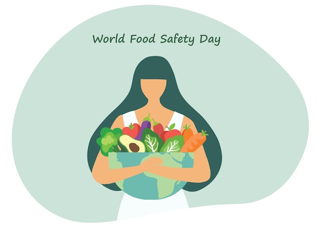 Mujer del concepto del día mundial de la seguridad alimentaria que sostiene la ilustración del vector global de alimentos