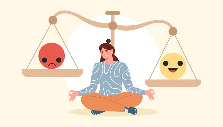 Vector mujer con concepto de escalas de emoción niña cerca de sentimientos negativos y positivos psicología de atención plena y salud mental comparación del mal y sonrisa en pesas ilustración de vector plano de dibujos animados