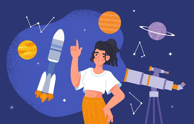 Vector mujer con concepto de exploración espacial niña joven con planetas y constelaciones y telescopio astrología y astronomía investigación científica educación y aprendizaje ilustración de vector plano de dibujos animados